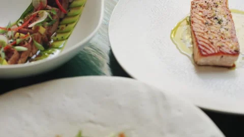Fancy fish restaurant menu, Italian or Spanish restaurant with traditional Stock Footage 243134912