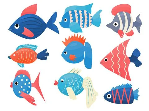 Fancy fish set vector cartoon illustration for kids decor Stock Illustration