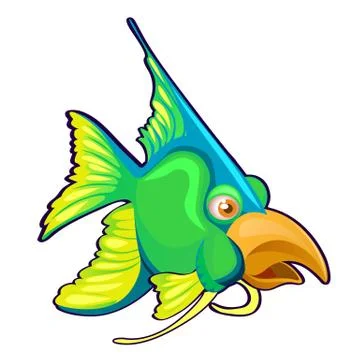 Fancy green fish with bird beak isolated on a white background. Cartoon vector Stock Illustration