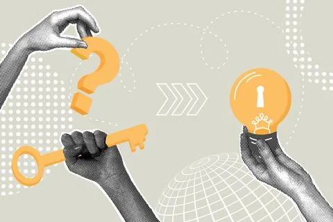 Fancy halftone collage. Concept of problem solving, finding the answer to solve イラスト素材