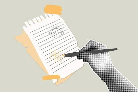 Fancy halftone collage. Halftone hand with pen and torn pieces of paper attached Stock Illustration