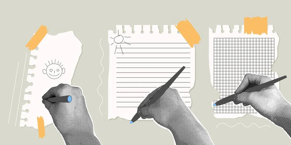 Fancy halftone collage. Set of torn sheets of paper, scotch tape and halftone Stock Illustration