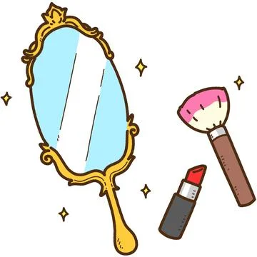 Fancy handheld mirror and makeup tools outlined Stock Illustration