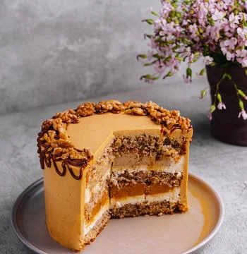 Fancy layered walnut cake with caramel Stock Photos