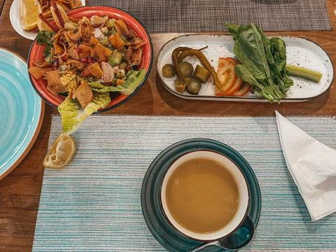 Fancy Middle Eastern breakfast, baked Flatbread - appetizers - Levantine cuisine Stock Photos