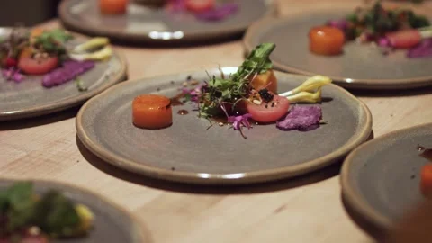 Fancy molecular kitchen food on the plate in the restaurant Stock Footage 219918093
