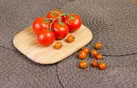 Fancy orange cherry tomatoes and red tomatoes on vine. Stock Photos