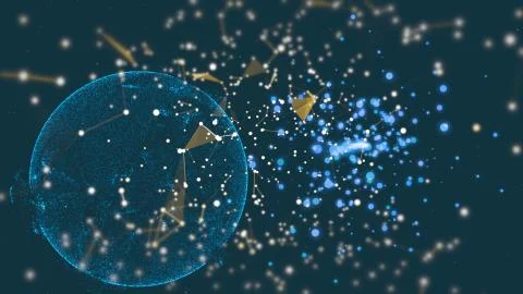 Fancy pattern with polygonal globe in a ring among floating bokeh plexus Stock Illustration