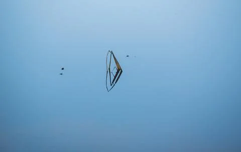 Fancy patterns of reflection of shadows in the water with reed stalks 스톡 사진