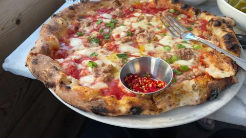 Fancy Pizza on table at outdoor Dining in New York City Manhattan Stock Footage 195329532
