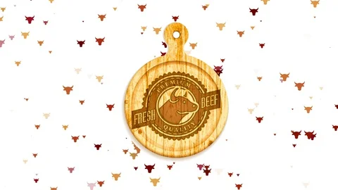 Fancy quality pure cattle butcher shop on round wooden cutting board with a male Video stock 129323454