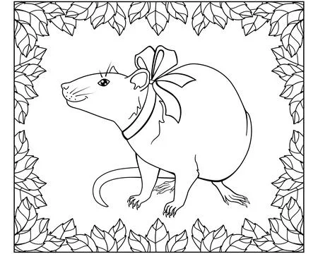 Fancy Rat with a bow around the neck in a frame of leaves - a vector linear Illustrazione stock