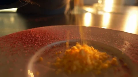 Fancy restaurant dessert - crumble spread on plate Stock Footage 99398411