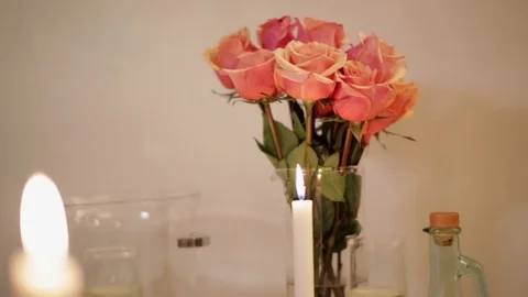 Fancy Romantic Dinner Table with Rose Bouquet and Candles Stock Footage 71703652