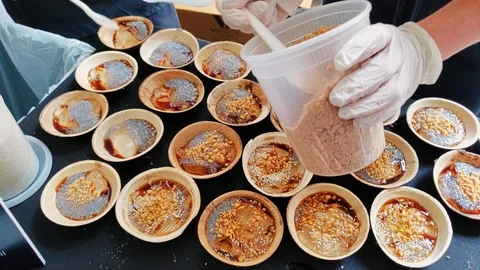 Fancy Sample of Exotic Dishes at Event 4K Stock Footage 113684072