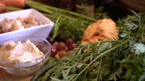 Fancy snack table with hummus, lunch meat, and more, Close Up Detail Stock Footage 112226698