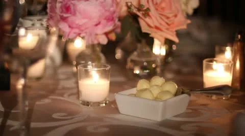 Fancy table set for banquet butter balls and candles 스톡 동영상 11136277