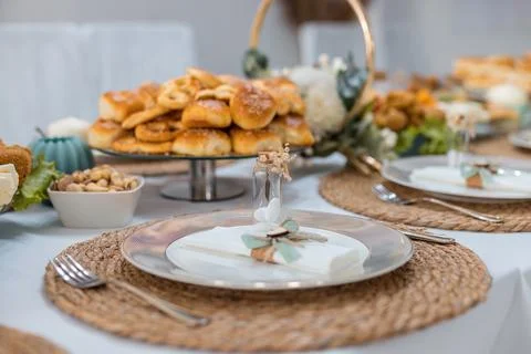 Fancy table set for a wedding dinner. Stock Photos