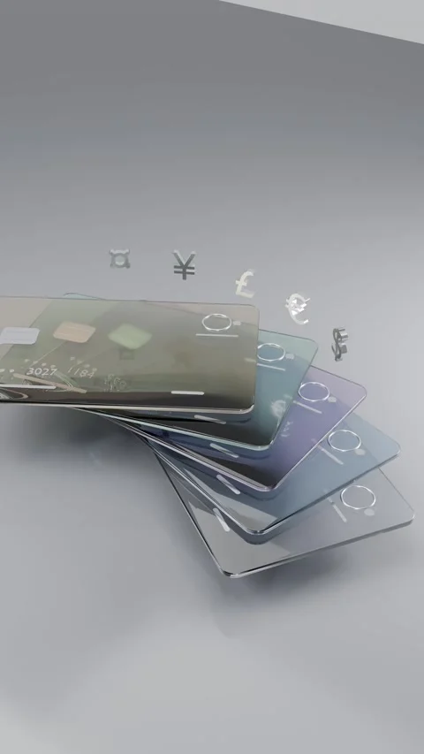 Fanned stack of glass payment cards with currency symbols vertical 3D animation Stock Footage 347719889