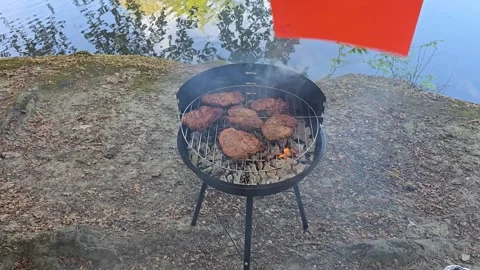 Fanning coals with an orange fan while grilling meat steaks on barbecue nea.. Stock Footage 341676695