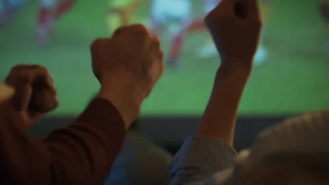 Fans celebrating a victory while watching a live sports event on a big scree Stock Footage 301374245