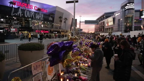 Fans Pay Tribute to Kobe Bryant at Staples Center Nighttime Memorial Stock Footage 138573224