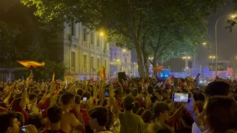 Fans in Spain celebrating Spain's World Cup victory in Madrid Stock Footage 340558212
