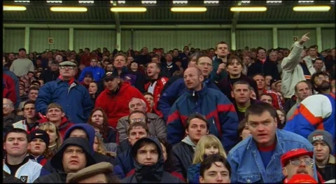 Fans at stadium standing up to cheer and applause while watching football match Stock Footage 159443529