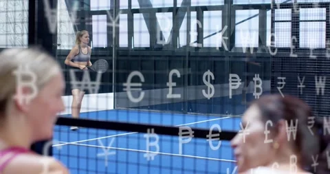 Fans talking behind glass with currency symbols as player warming serving Stock Footage 320486076