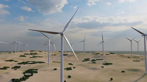 Fans of wind turbines spin over coast of sea.  An offshore wind farm. Stock Footage 243832685