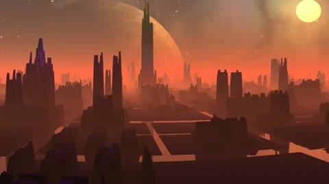 Fantastic (alien) city and huge planet Stock Footage