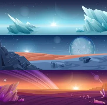 Fantastic alien planet horizontal banners landscape background set. Illustrazione stock