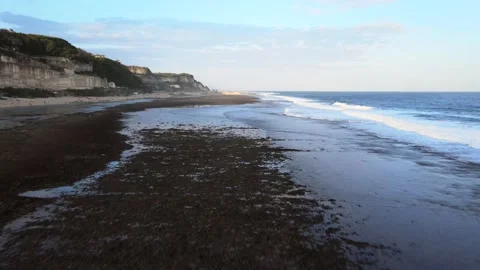 Fantastic arial drone view of sandy beach and ocean waves Stock Footage 139681880