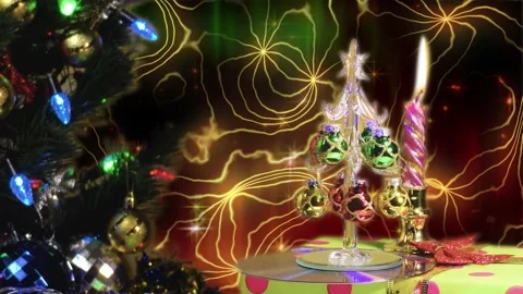 Fantastic background. Large green tree with lights. Burning candle. Stock-Footage 145408367