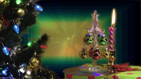 Fantastic background. Large green tree with lights. Burning candle. Stock-Footage 145408588