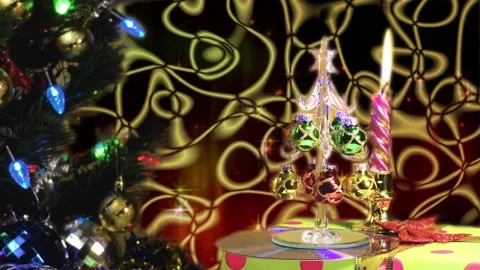 Fantastic background. Large green tree with lights. Burning candle. Stock-Footage 145408618