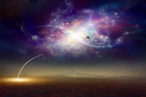 Fantastic background, space shuttle taking off, aliens planet and twisted gal Фото
