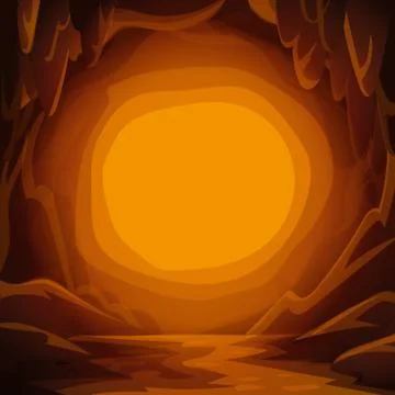 Fantastic cavern background. Cartoon cave with stalactites and spotlight Illustrazione stock