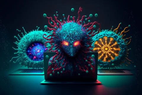 Fantastic computer virus,computer security breach due to virus attack Stock Illustration