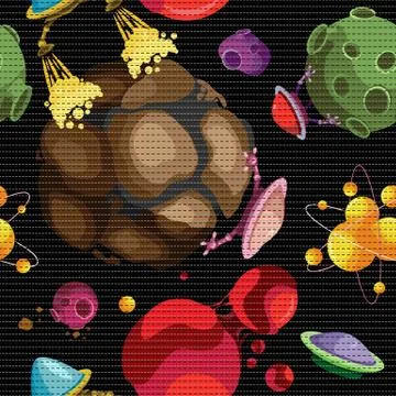 Fantastic cosmic pattern with planets and alien ships Illustrazione stock