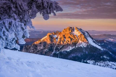 Fantastic evening winter landscape. Dramatic overcast sky. Creative collage.  Stock Photos