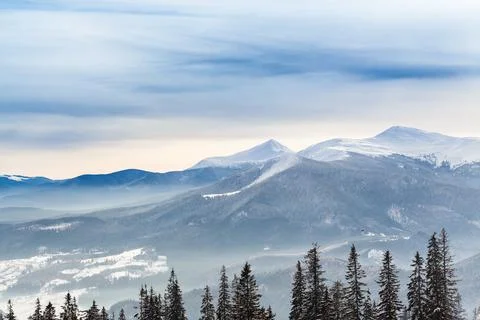 Fantastic evening winter landscape. Dramatic overcast sky. Creative collage Foto stock