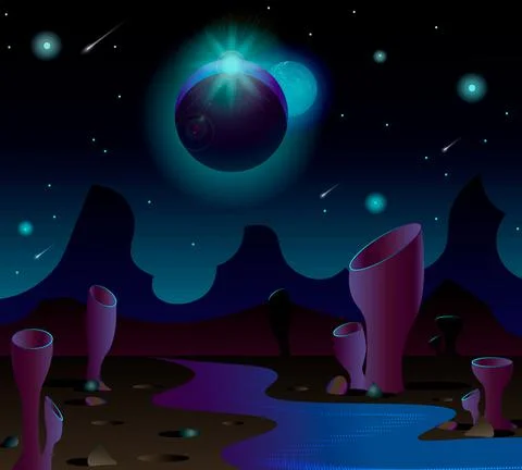 Fantastic flora by the river on a distant planet and an eclipse. Empty Planet Stock Illustration