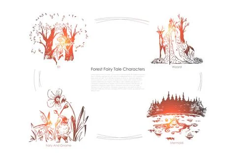 Fantastic imaginary, mythical creatures, elf, wizard, gnome and mermaid, imag Stock Illustration