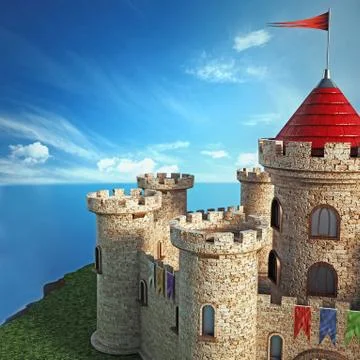 Fantastic medieval castle under dramatic sky Stock Illustration