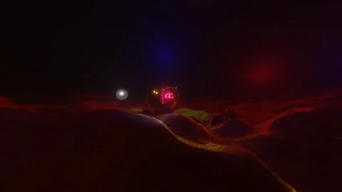 A fantastic model of a spaceship flies over the surface of the planet in space.  Stock Footage 254490779