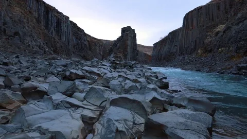 Fantastic modnight sun view of Studlagil Canyon. Stock Footage 123346518
