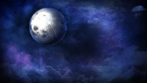 Fantastic moon among the clouds on a starry night. Ilustração Stock