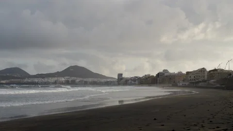 Fantastic panoramic view of Las Canteras beach during sunrise Stock Footage 223567454