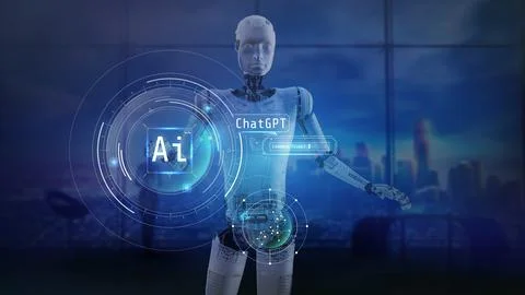 Fantastic plot with an artificial intelligence robot performing tasks. Stockillustratie